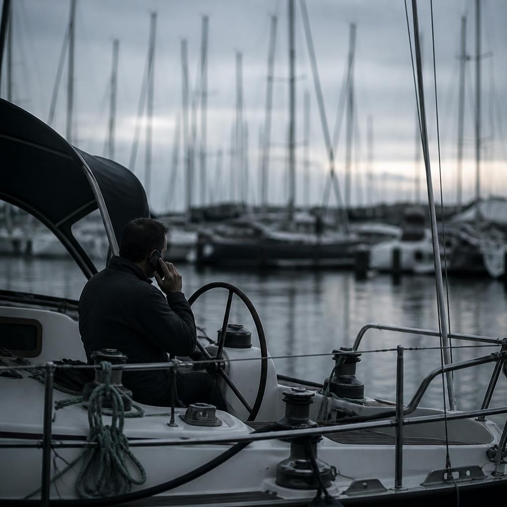 A boat owner sitting in the cockpit of a moored sailboat in a marina, phone held to their ear, masts soft in the overcast background.