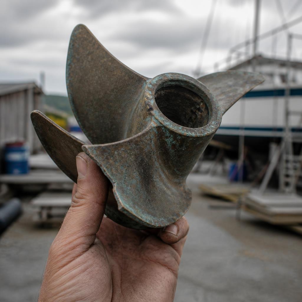 A weathered hand holding a broken bronze marine engine part in a boatyard